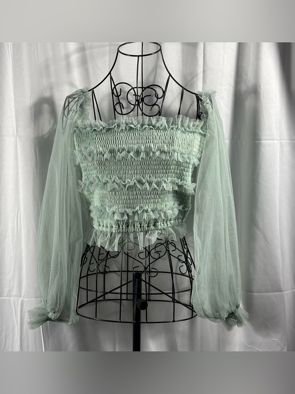 MARBLE Mint Green Sheer Ruffle Smocked Off-Shoulder Blouse